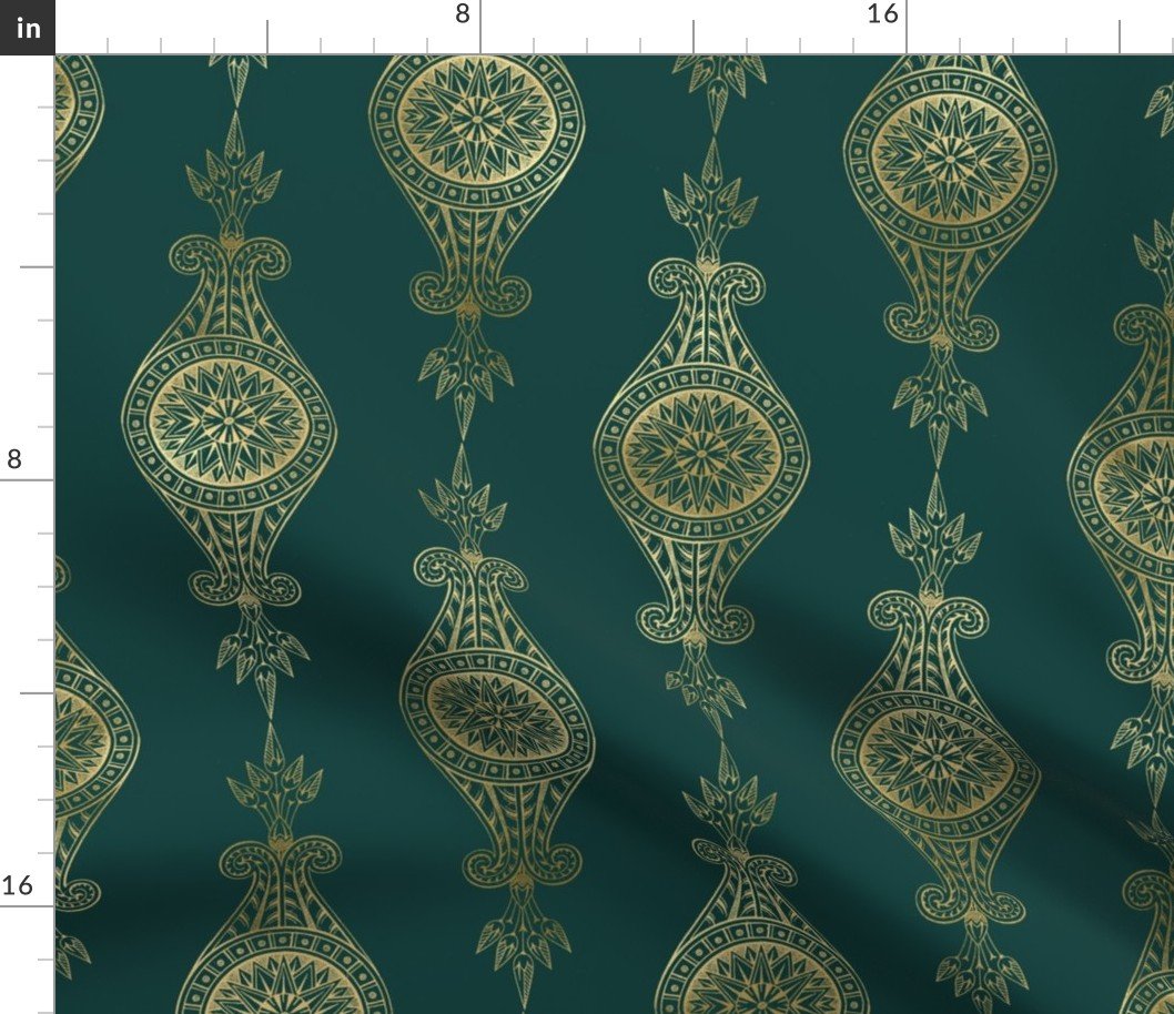 Teal and Faux Gold Foil  Vintage Art Deco Damask Pattern Fabric