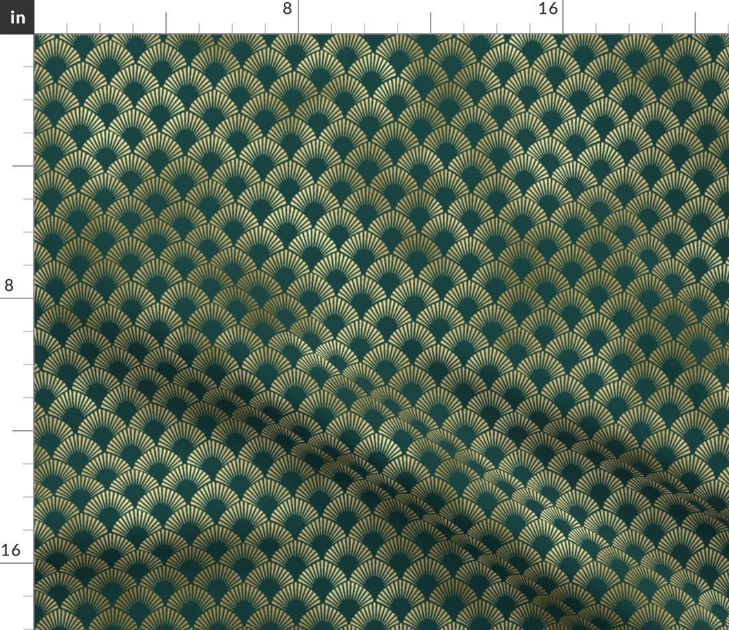 Teal and Faux Gold Foil  Vintage Art Deco Ringed Scales Pattern Fabric