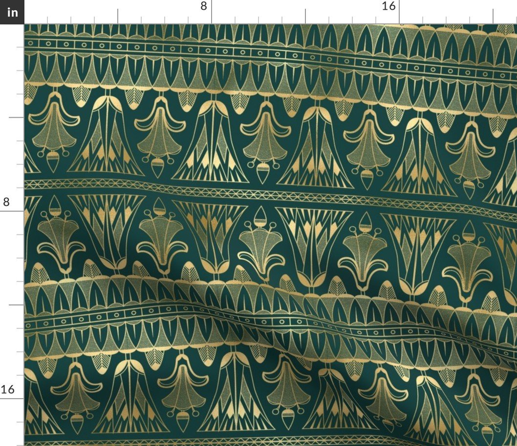 Teal and Faux Gold Vintage Foil Art Deco Egg and Dart Frieze Pattern Fabric