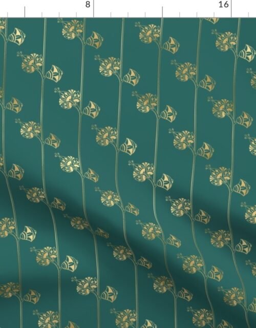 Teal and Faux Gold Vintage Foil Art Deco Floral Pattern Fabric