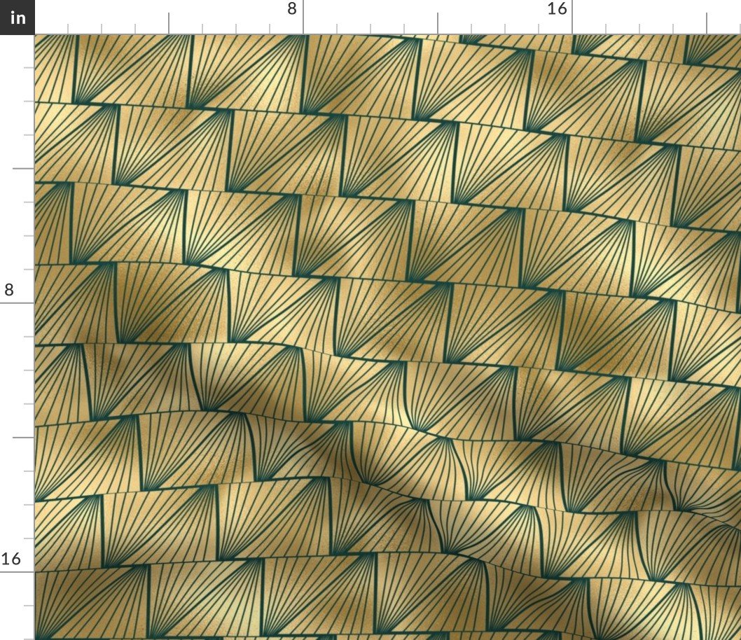 Teal and Faux Gold Vintage Foil Art Deco Lined Diamond Pattern Fabric