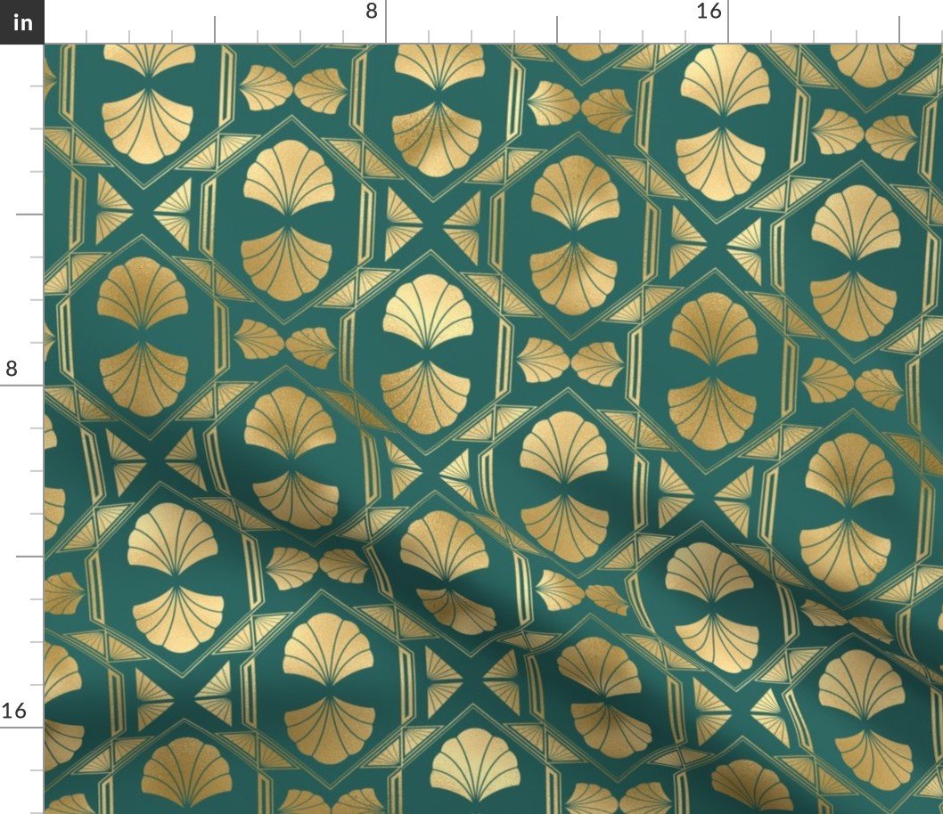 Teal and Faux Gold Vintage Foil Art Deco Scallop Shell Pattern Fabric