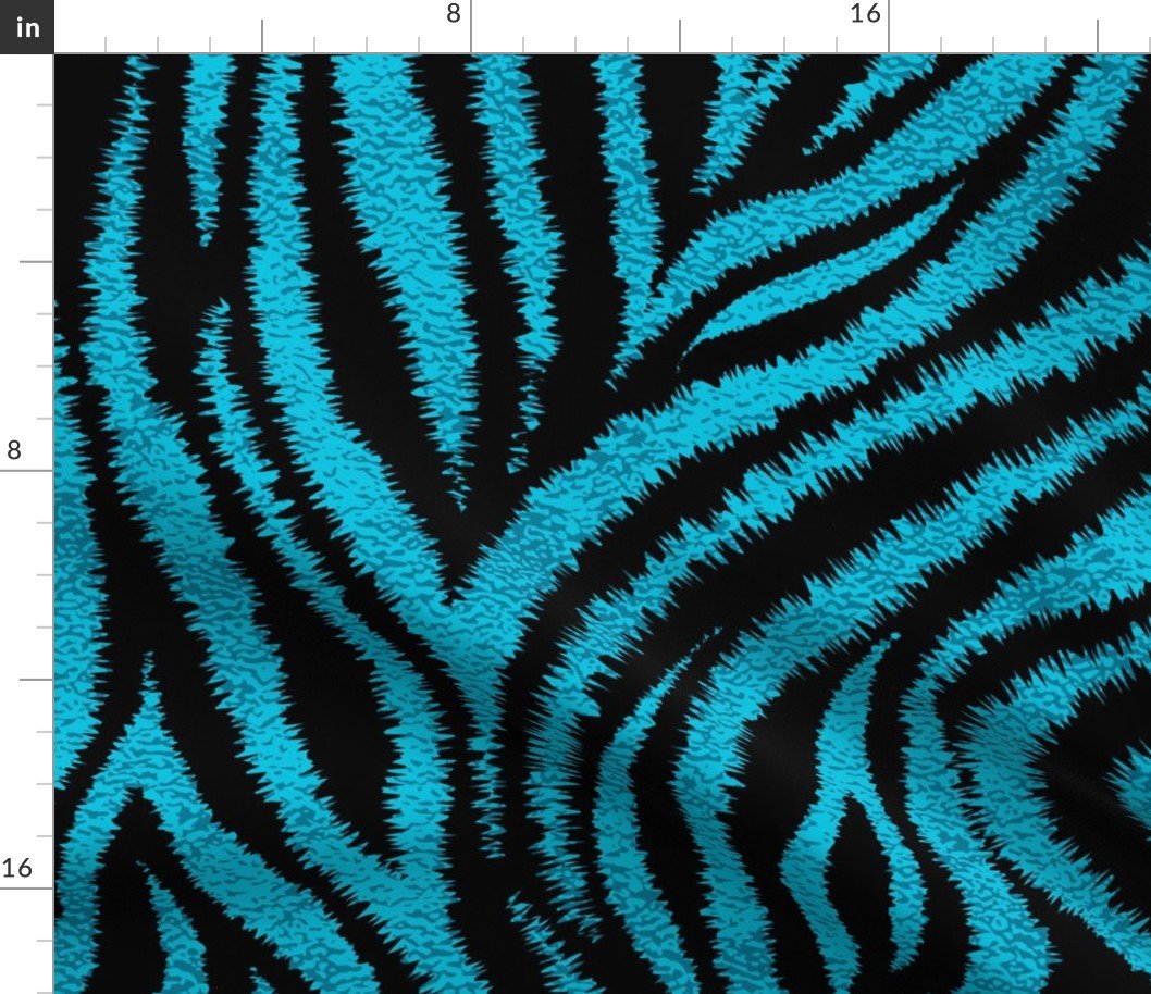 Textured Animal Striped Tiger Fur in Bold Aqua and Black Swirling Zebra Stripes Fabric