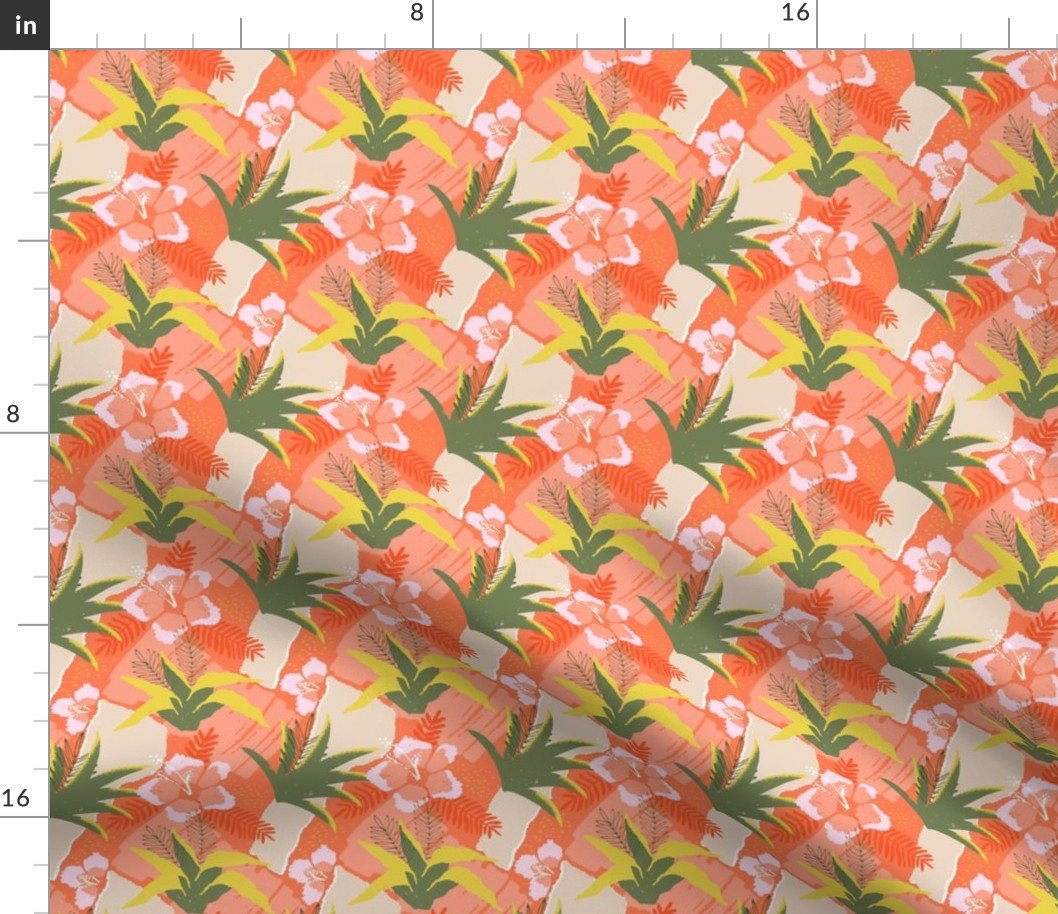 Tiny Coral Hibiscus Floral Abstract Seamless Repeat Pattern Fabric
