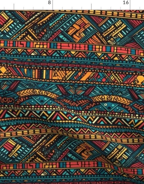 Tribal Mudcloth Boho Ethnic Print in Aqua, Teal, Gold and Orange Fabric