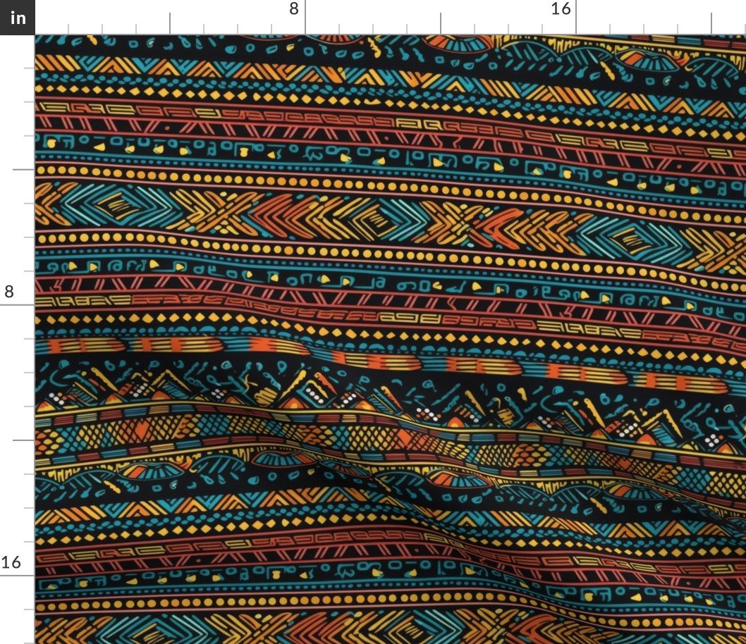 Tribal Mudcloth Boho Ethnic Print in Aqua, Teal, Gold and Orange Fabric
