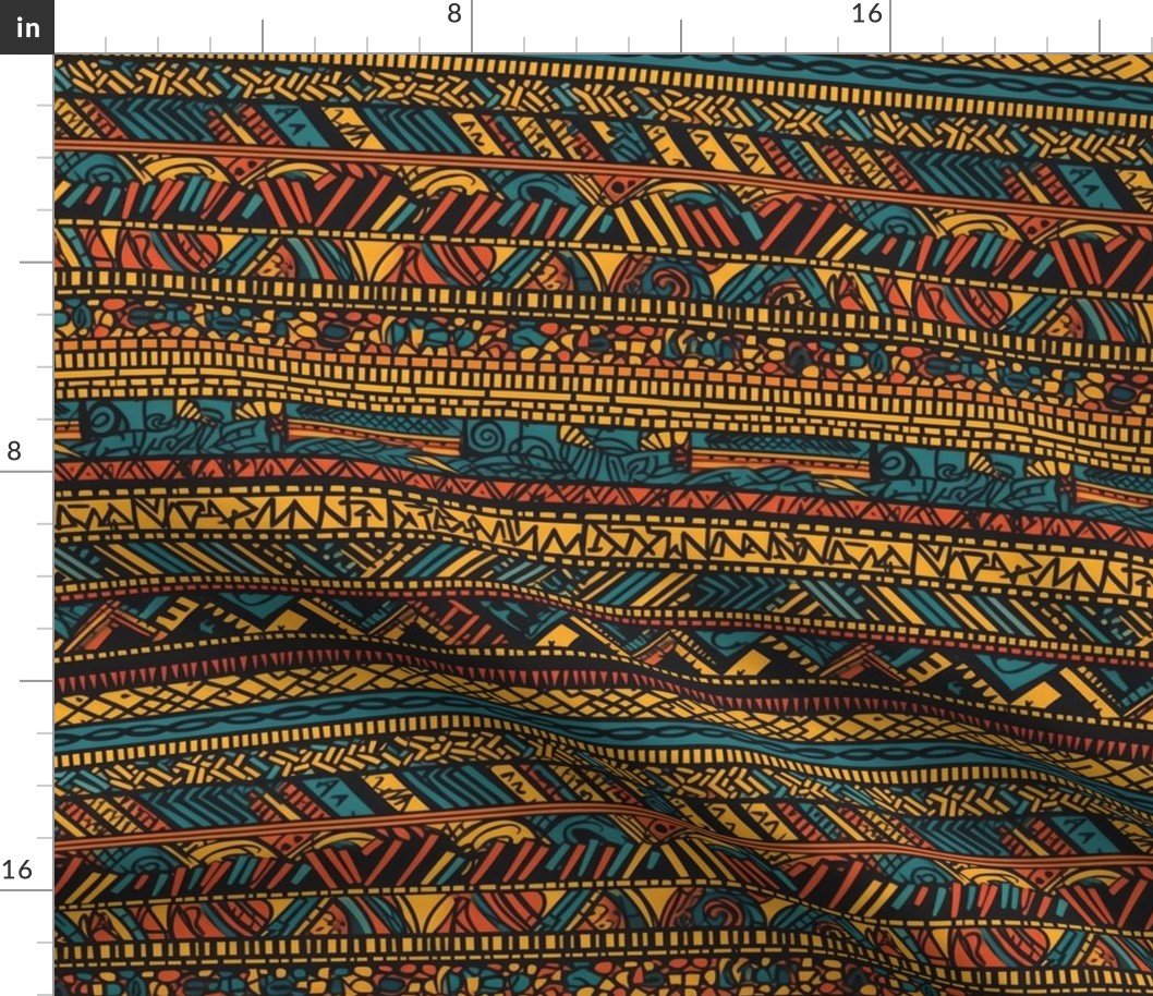 Tribal Mudcloth Boho Ethnic Print in Gold, Teal, Brown and Orange Fabric