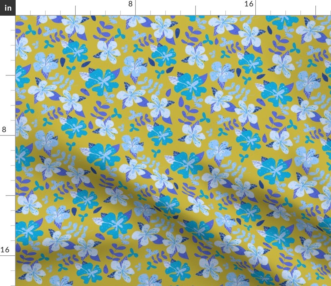 Tropical Blue and Indigo Hibiscus Floral Repeat on Gold Fabric Tropical Blue and Indigo Hibiscus Floral Repeat on Gold Fabric