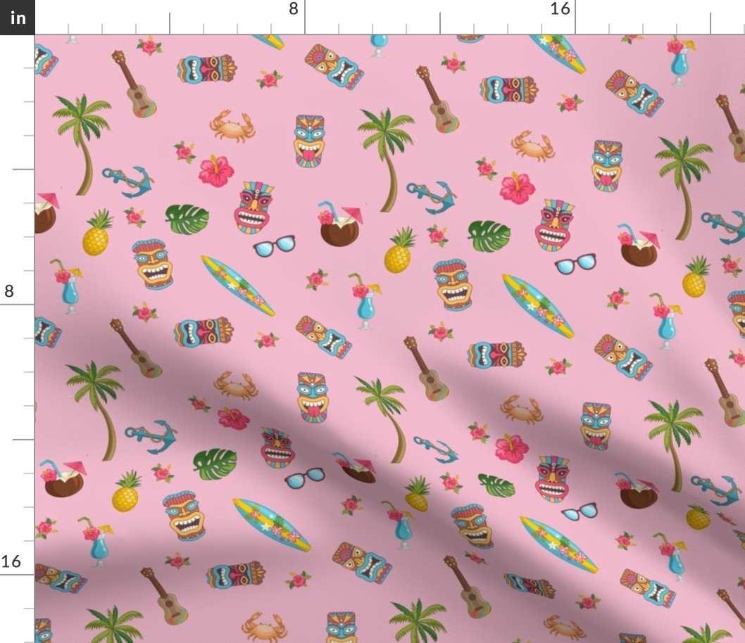 Tropical Hawaiian Tiki Repeat Pattern on Pink Fabric Tropical Hawaiian Tiki Repeat Pattern on Pink Fabric