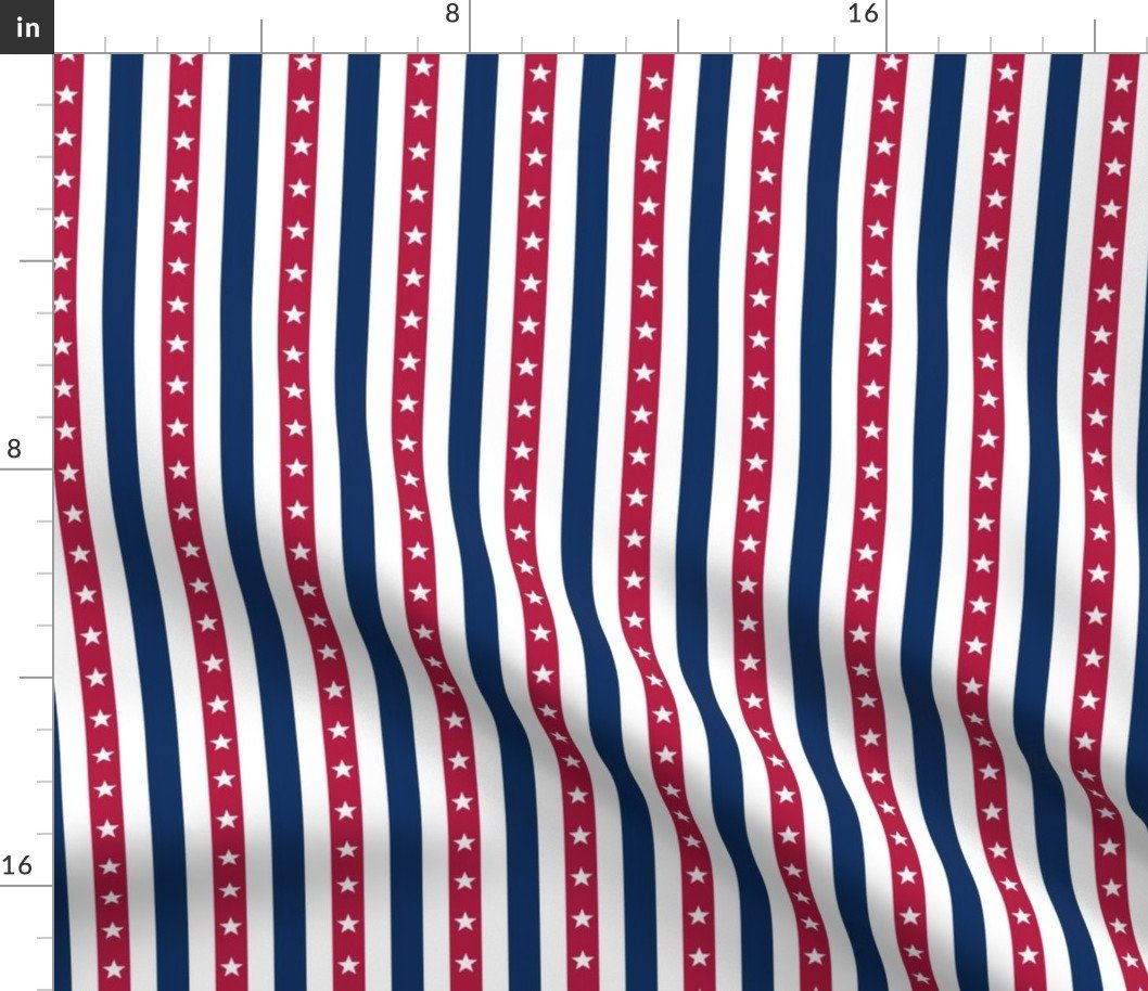 USA Flag Colors of Red, White and Blue with Stars in Alternating 1/2 Inch Vertical Stripes Fabric USA Flag Colors of Red, White and Blue with Stars in Alternating 1/2 Inch Vertical Stripes Fabric