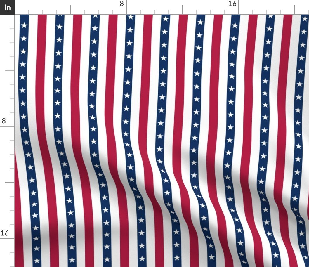 USA Flag Colors of Red, White and Blue with Stars in Alternating 1/2 Inch Wide Vertical Stripes Fabric USA Flag Colors of Red, White and Blue with Stars in Alternating 1/2 Inch Wide Vertical Stripes Fabric