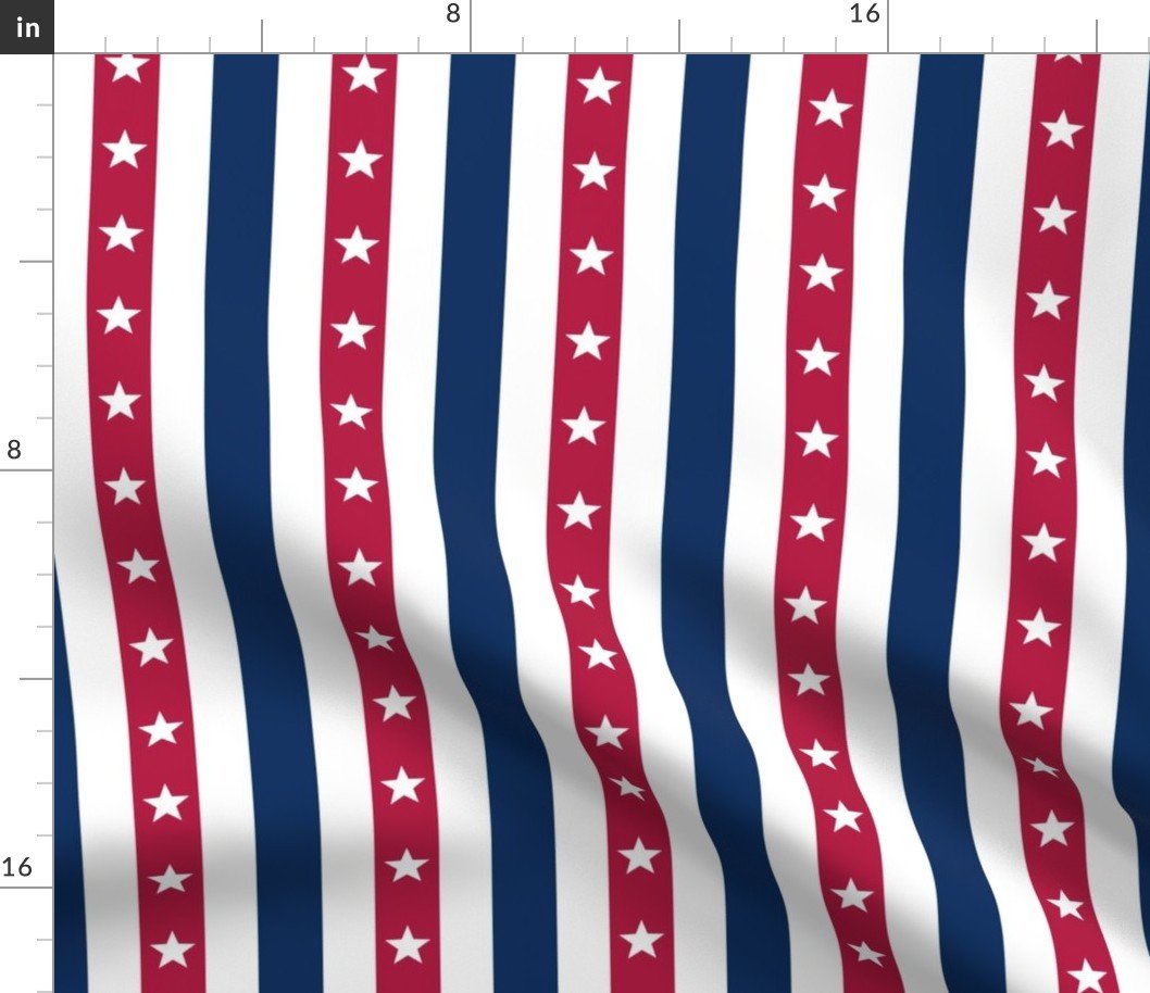 USA Flag Colors of Red, White and Blue with Stars in Alternating 1 Inch Vertical Stripes Fabric