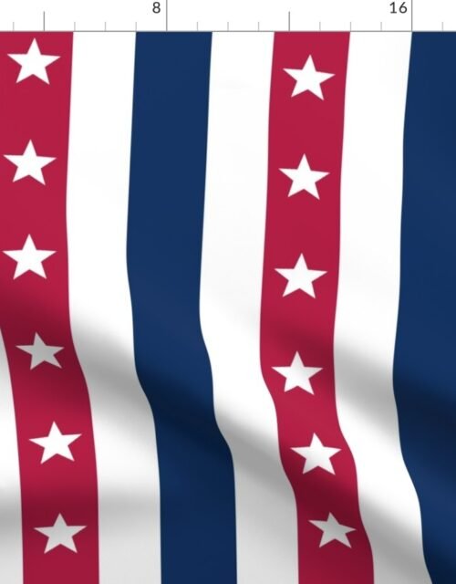 USA Flag Colors of Red, White and Blue with Stars in Alternating 2 Inch Vertical Stripes Fabric