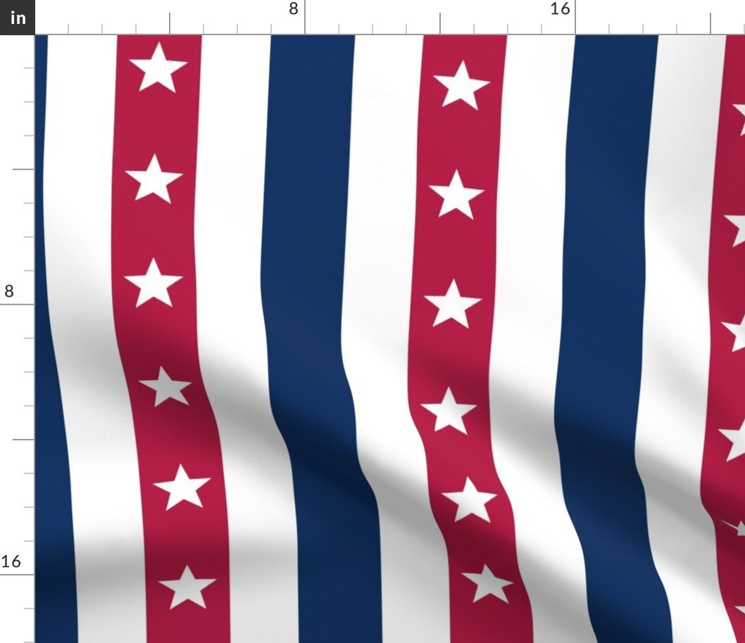 USA Flag Colors of Red, White and Blue with Stars in Alternating 2 Inch Vertical Stripes Fabric