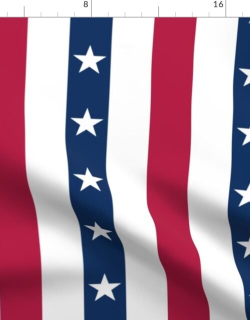 USA Flag Colors of Red, White and Blue with Stars in Alternating 2 Inch Wide Vertical Stripes Fabric