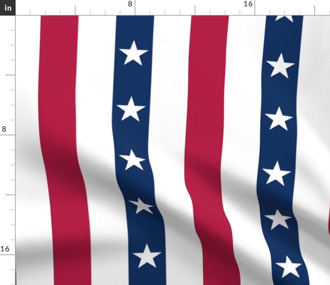USA Flag Colors of Red, White and Blue with Stars in Alternating 2 Inch Wide Vertical Stripes Fabric USA Flag Colors of Red, White and Blue with Stars in Alternating 2 Inch Wide Vertical Stripes Fabric
