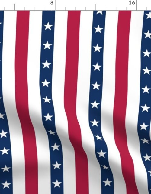 USA Flag Colors of Red, White and Blue with Stars in Alternating  1 Inch Wide Vertical Stripes Fabric