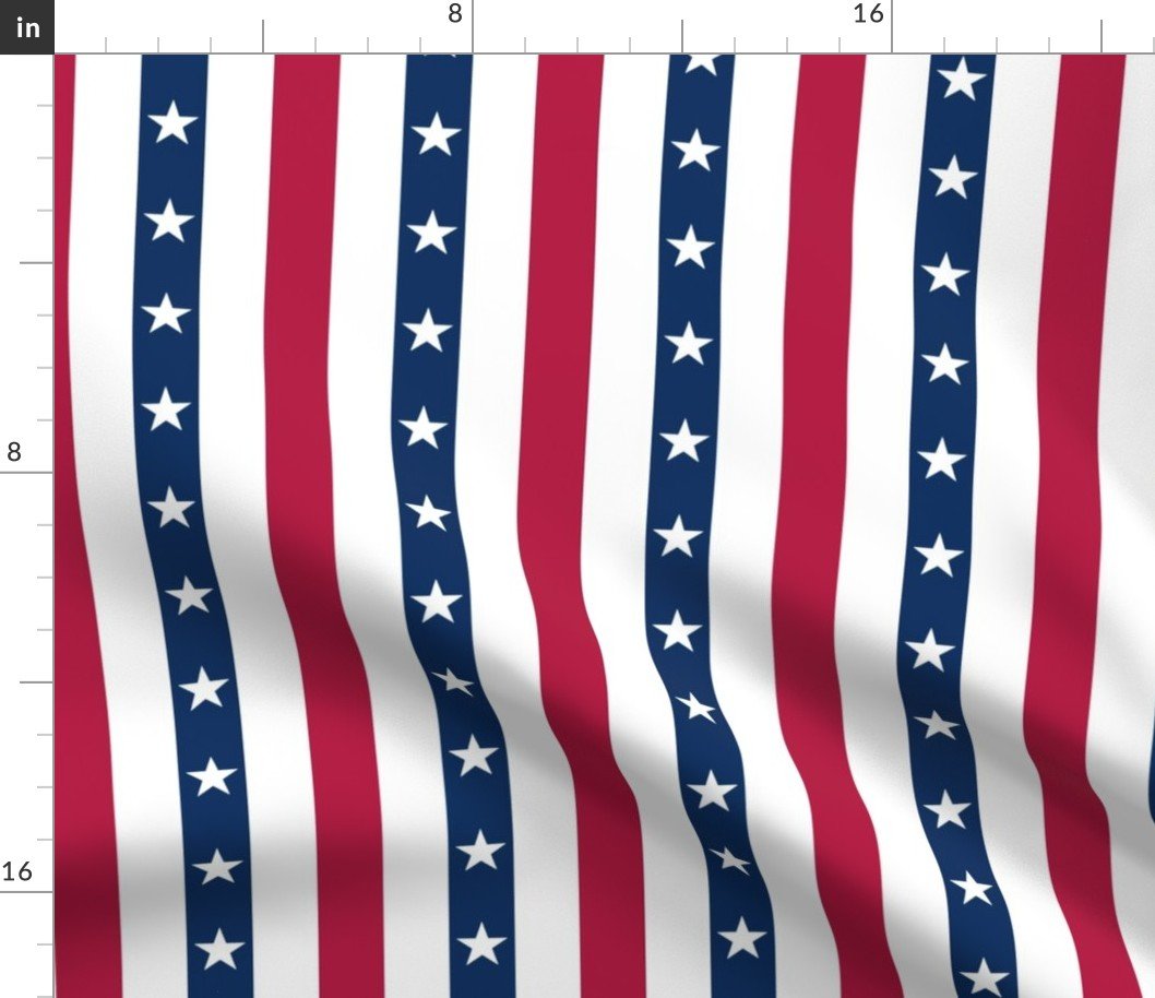 USA Flag Colors of Red, White and Blue with Stars in Alternating  1 Inch Wide Vertical Stripes Fabric