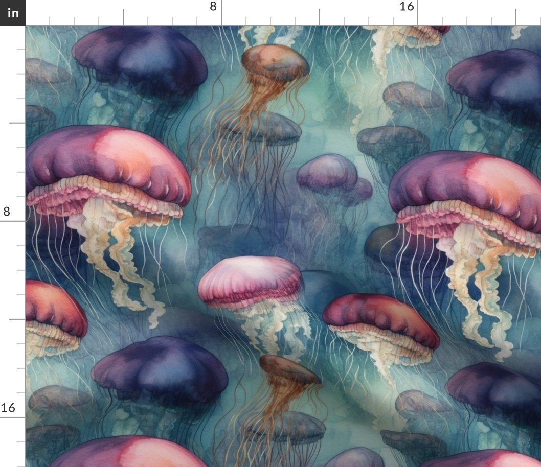 Underwater Watercolor of Brightly Colored Jelly Fish with Tentacles on Aqua Blue Fabric Underwater Watercolor of Brightly Colored Jelly Fish with Tentacles on Aqua Blue Fabric