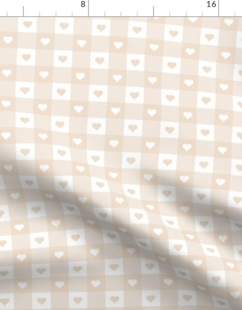 Valentines Natural and White Gingham Check with Center Heart Medallions in Natural and White Fabric