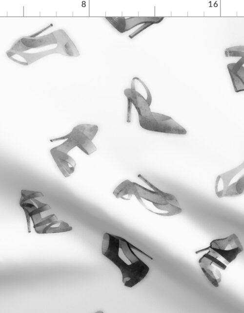 Vintage Black and White Watercolor High Heel Shoes Tossed Pattern Fabric