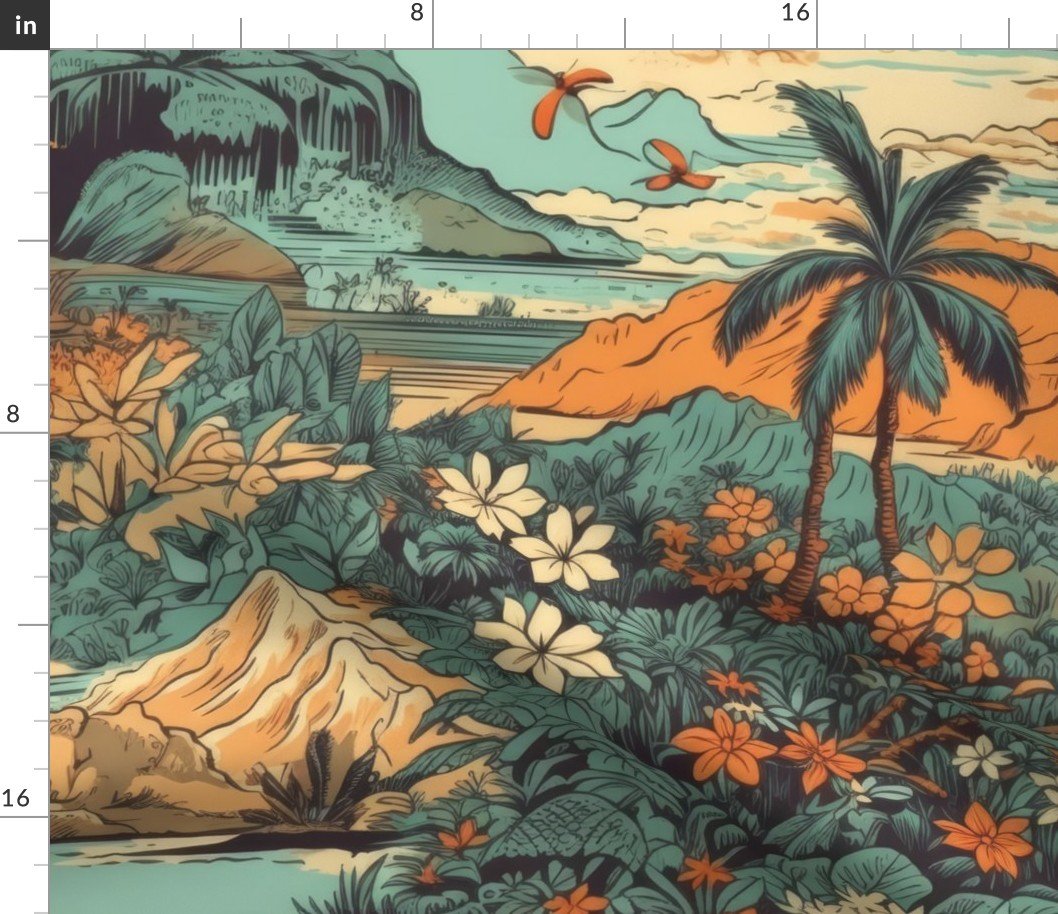 Vintage Hawaiian Landscape Teal Fabric Vintage Hawaiian Landscape Teal Fabric