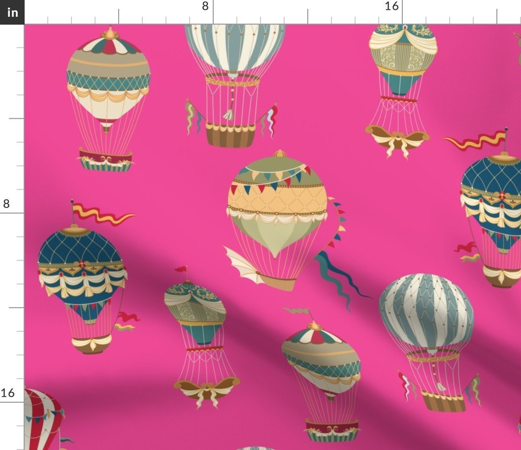 Vintage Hot Air Balloons on Hot Pink Fabric Vintage Hot Air Balloons on Hot Pink Fabric