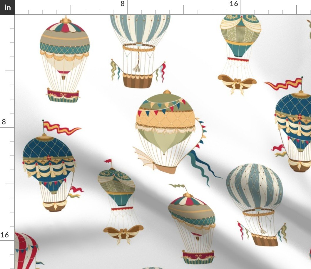 Vintage Hot Air Balloons on White Fabric