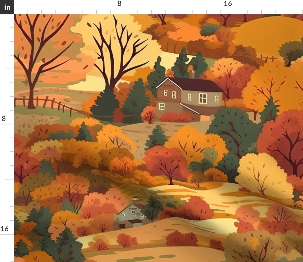 Vintage New England Village Autumn Fabric