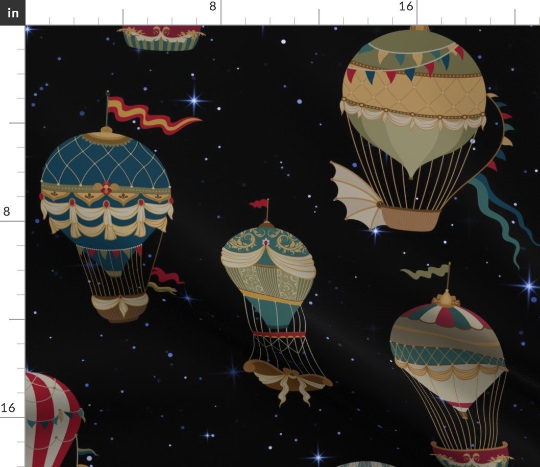 Vintage Ornamental Winged Hot Air Helium Balloons Bright Blue Starry Night Fabric