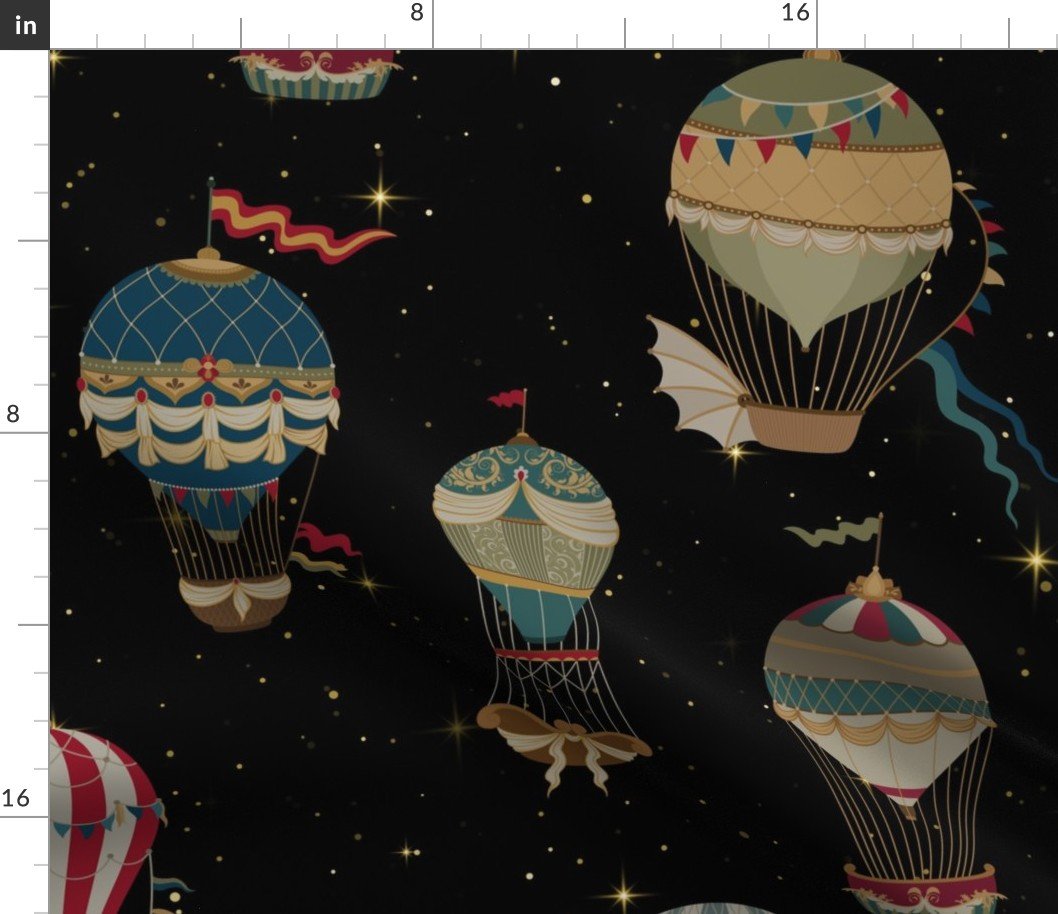Vintage Ornamental Winged Hot Air Helium Balloons Bright Gold Starry Night Fabric Vintage Ornamental Winged Hot Air Helium Balloons Bright Gold Starry Night Fabric