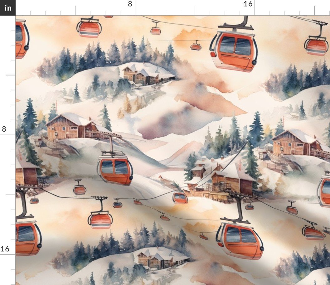 Vintage Ski Slope Cabins in Soft Pastels Fabric