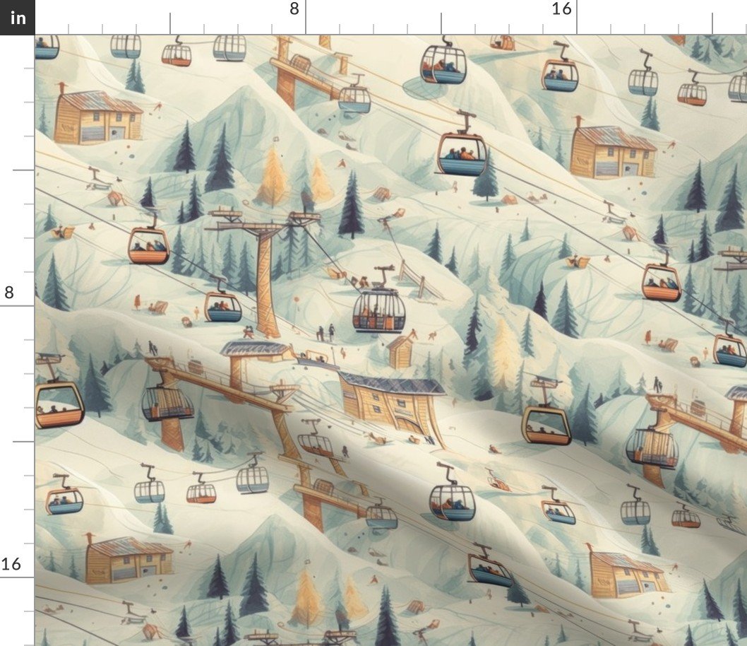 Vintage Ski Slope Cabins in Soft Pastels Fabric