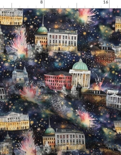 Washington DC at New Year's in Watercolors with Fairy Lights and Landmarks Fabric