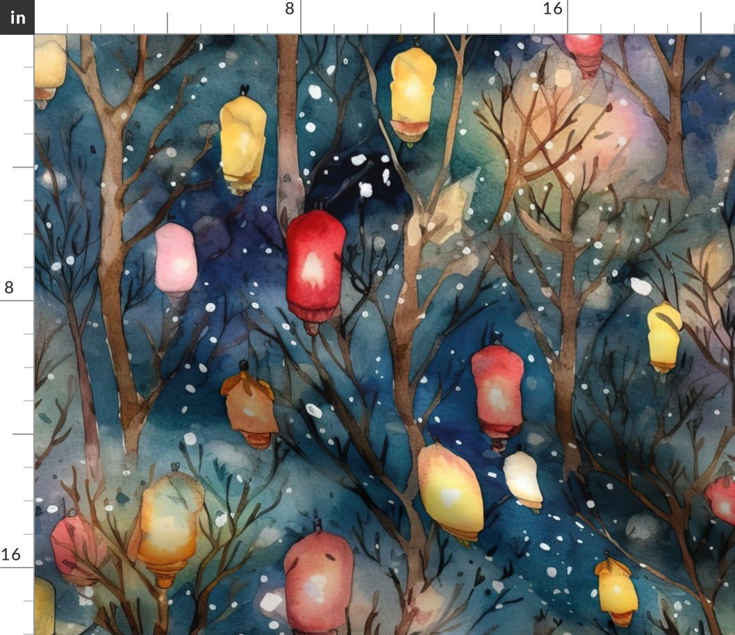 Watercolor Christmas Tree Farm with Christmas Lights Fabric