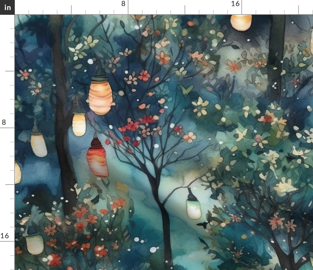 Watercolor Christmas Tree Farm with Christmas Lights Fabric