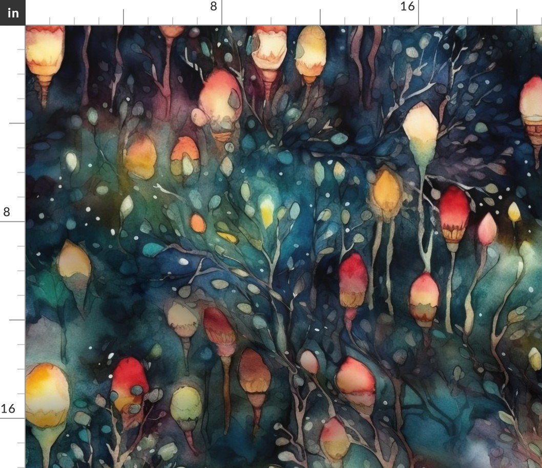 Watercolor Christmas Tree Farm with Christmas Lights Fabric