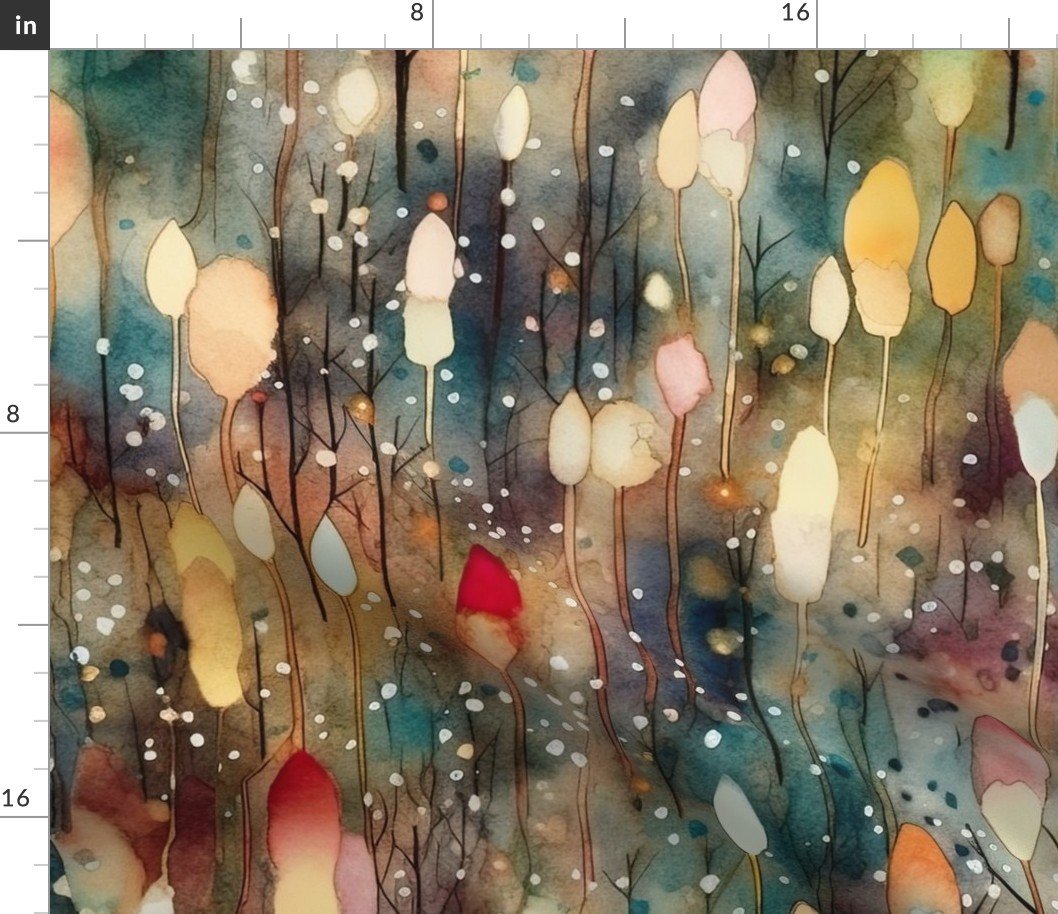 Watercolor Christmas Tree Farm with Christmas Lights Fabric