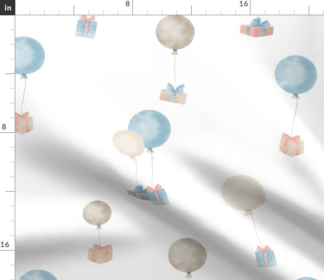 Watercolor Large Balloons Carrying Gift Boxes Fabric Watercolor Large Balloons Carrying Gift Boxes Fabric
