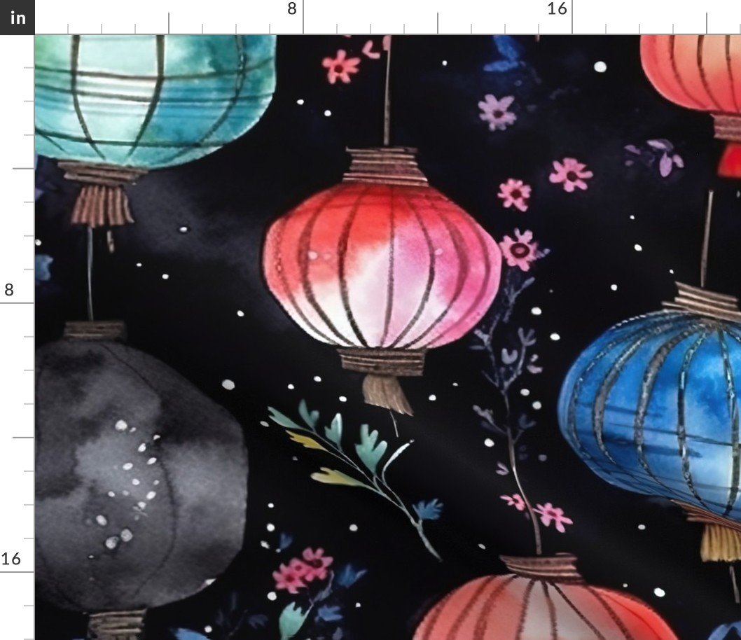 Watercolor Multi-Colored Chinese Paper Lanterns Fabric Watercolor Multi-Colored Chinese Paper Lanterns Fabric