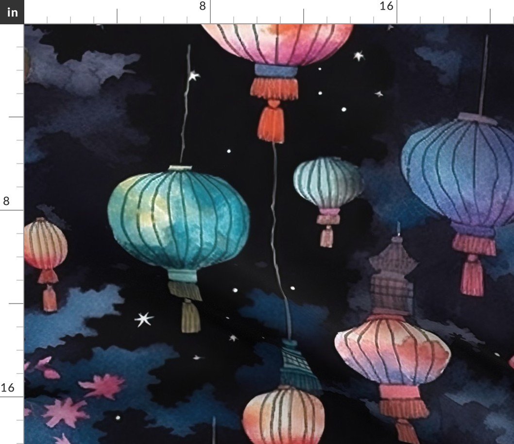 Watercolor Multi-Colored Chinese Paper Lanterns Fabric Watercolor Multi-Colored Chinese Paper Lanterns Fabric