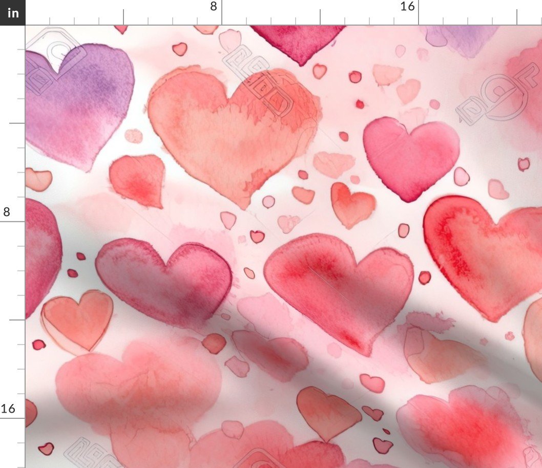 Watercolor Pink and Red Valentines Hearts Fabric
