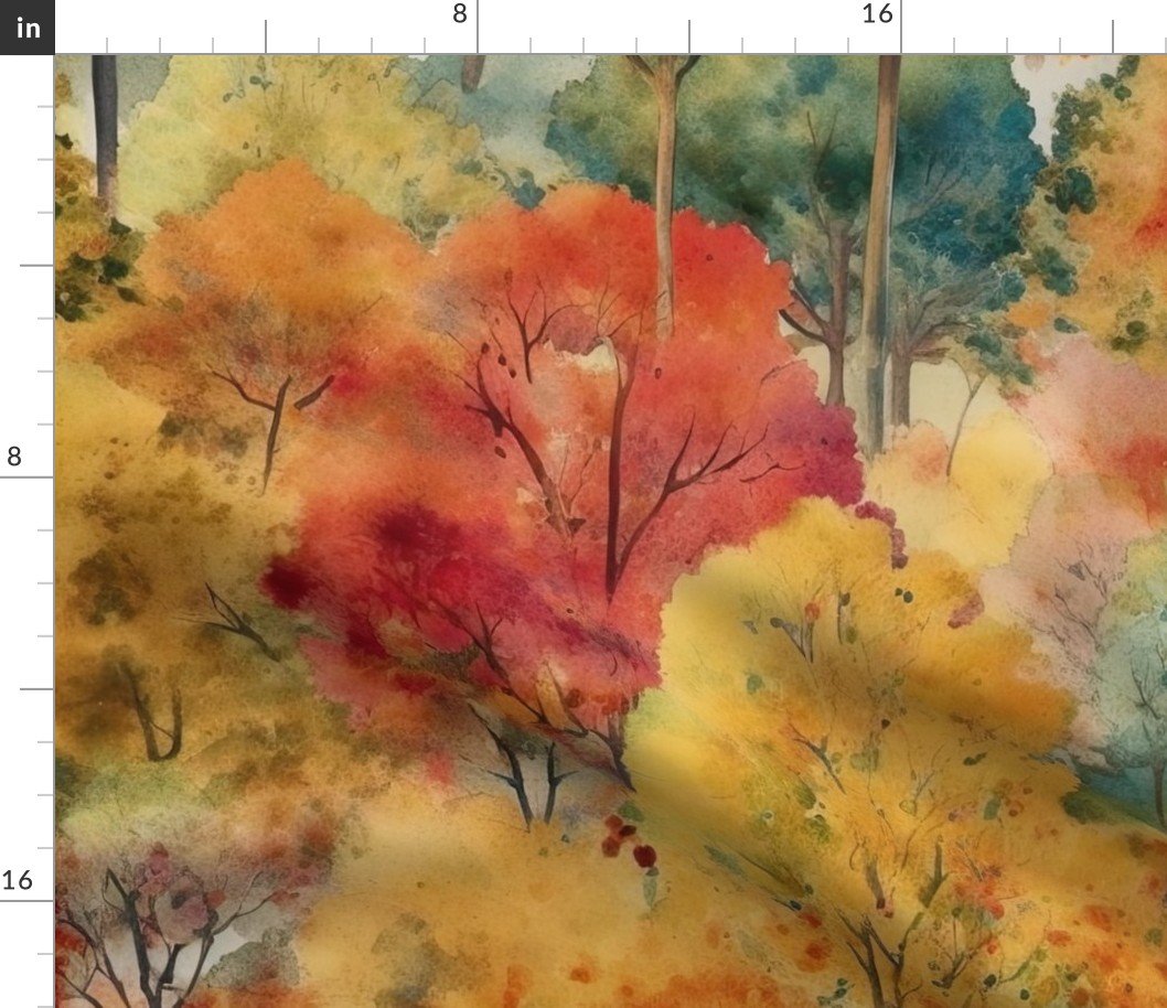 Watercolor of New England Endless Forest Fall Trees Fabric