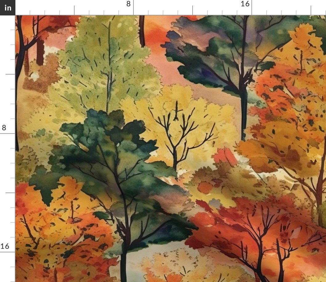 Watercolor of New England Endless Forest Fall Trees Fabric