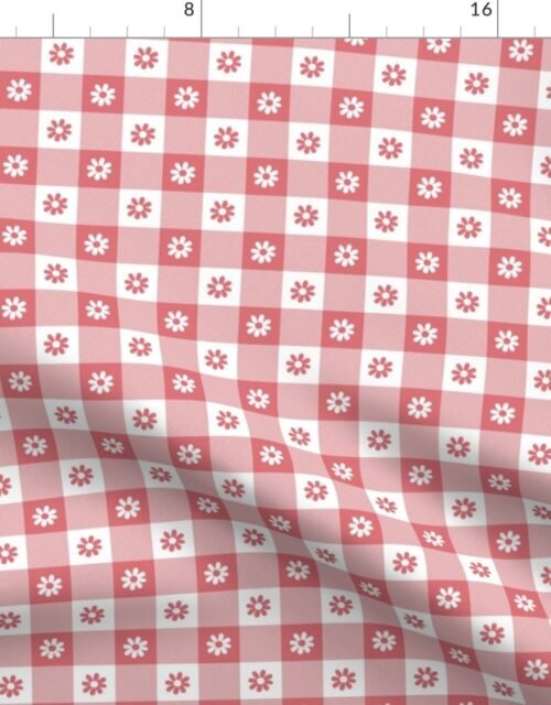 Watermelon  and White Gingham Floral Check with Center Floral Medallions in Watermelon and White Fabric