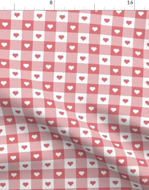 Watermelon and White Gingham Valentines Check with Center Heart Medallions in Watermelon and White Fabric
