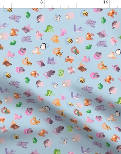 Whimsical Nursery Alphabet in Adorable Animals for Babies and Children 1 Inch on Baby Blue Pastel Fabric