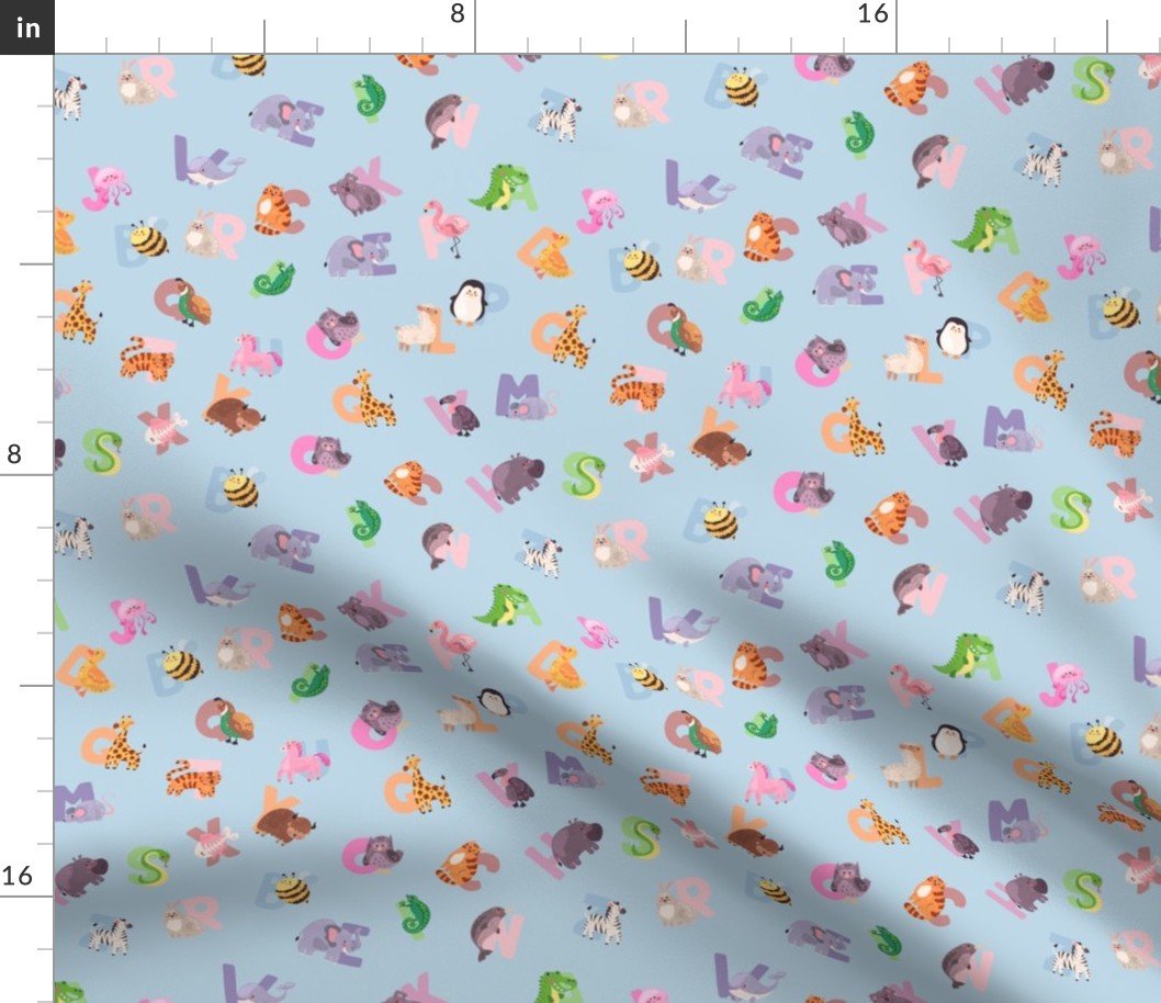 Whimsical Nursery Alphabet in Adorable Animals for Babies and Children 1 Inch on Baby Blue Pastel Fabric