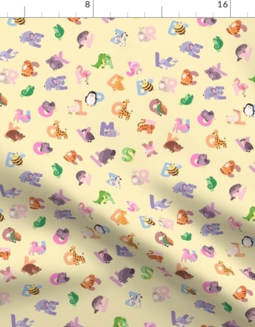 Whimsical Nursery Alphabet in Adorable Animals for Babies and Children 1 Inch on Butter Yellow Pastel Fabric