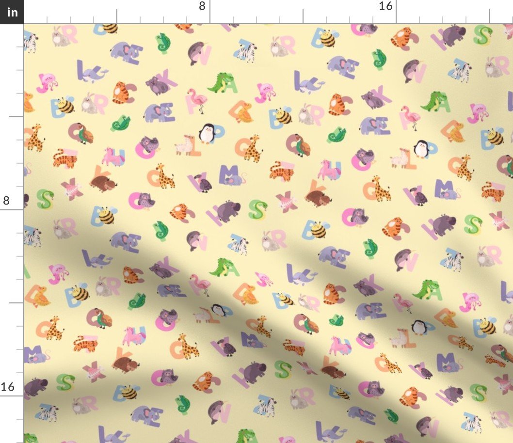 Whimsical Nursery Alphabet in Adorable Animals for Babies and Children 1 Inch on Butter Yellow Pastel Fabric